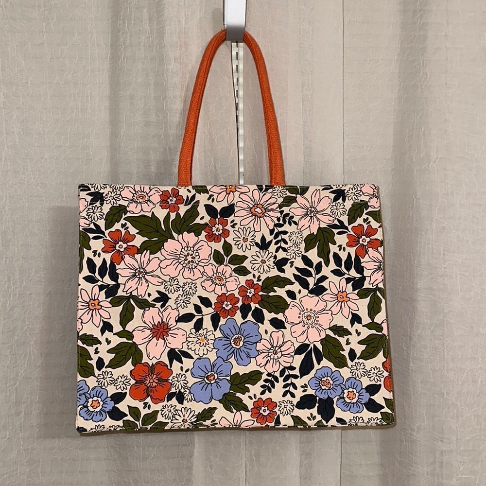 Ivory Coral Multicolored Wild Flower Print Canvas Cotton Market Beach Tote Bag